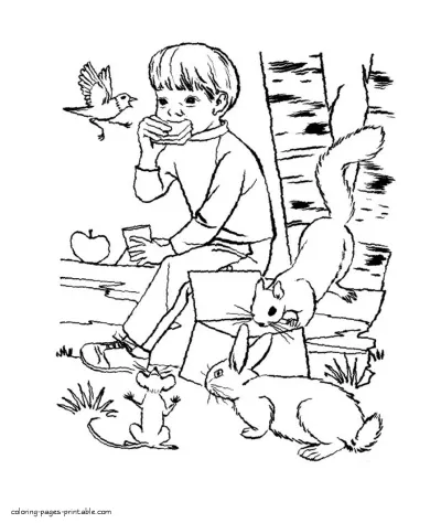 Don't leave the trash in the woods after a picnic! Earth Day coloring page