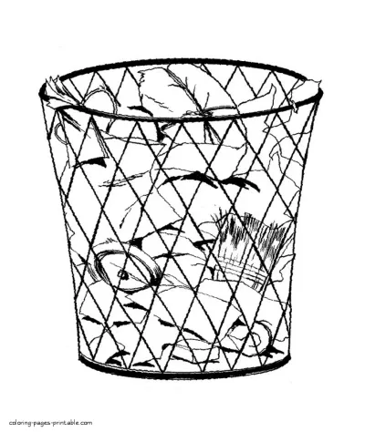 Wastebasket full of trash. Coloring pages