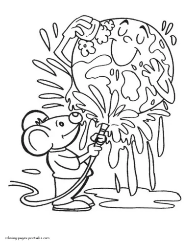 Coloring page. A mouse cleans the Earth