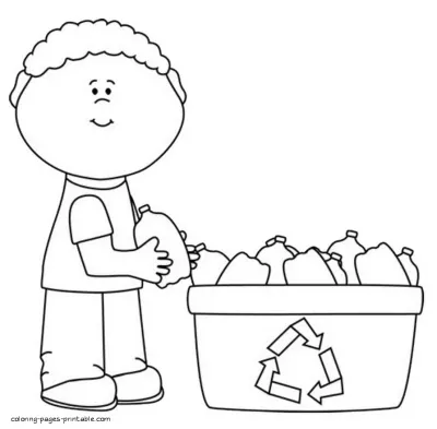 Recycling coloring pages printable. Boy throws a plastic bottle in the trash can