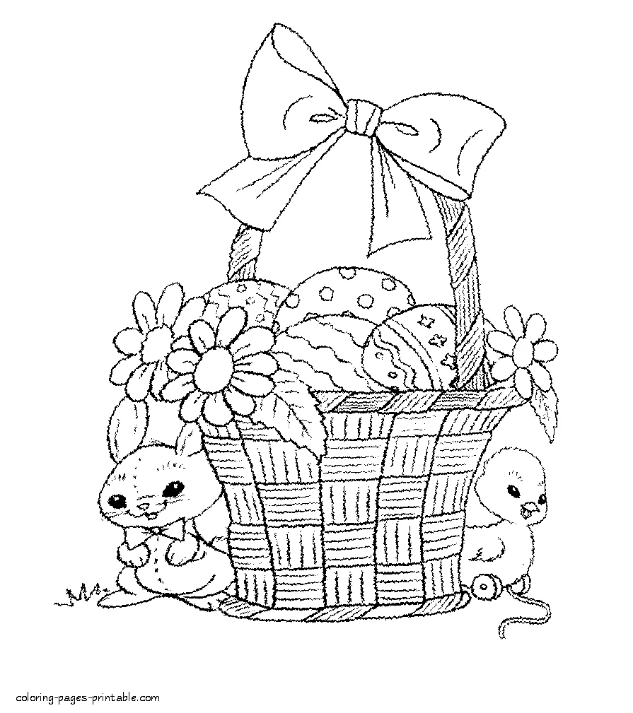 Coloring pages of Easter basket, bunny and chicken Coloring pages of Easter basket, bunny and chicken and eggs