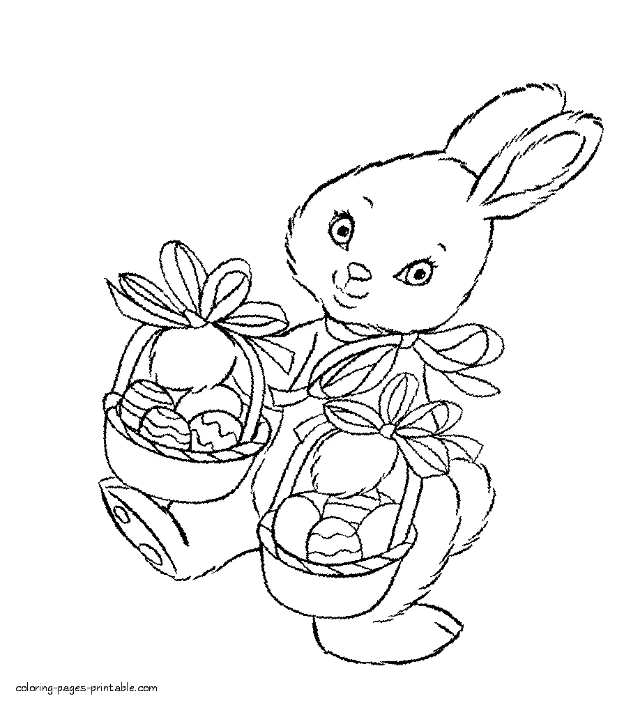 Bunny with two baskets in its hands Bunny with two baskets in its hands. Coloring page