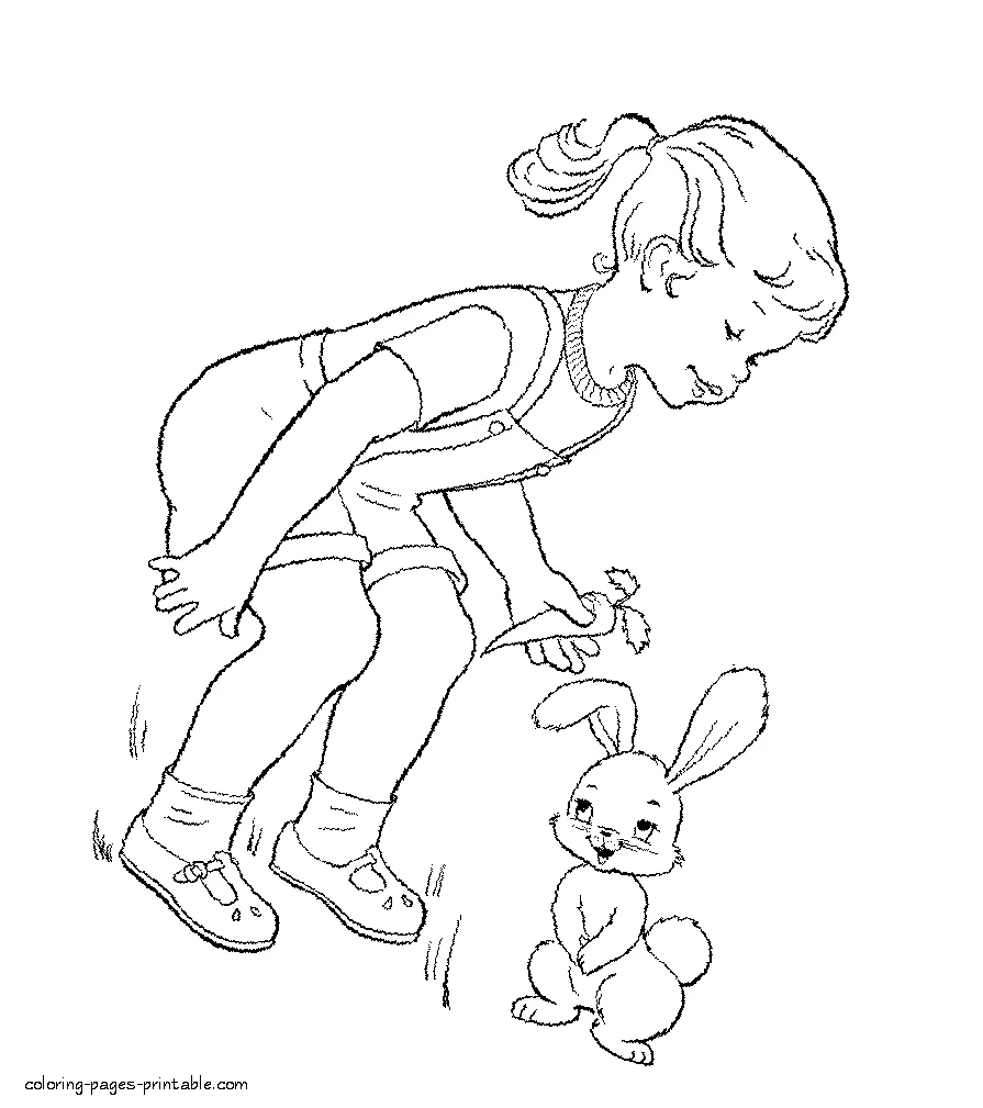 Coloring page of a girl who gives a carrot to the bunny Girl gives a carrot to the bunny