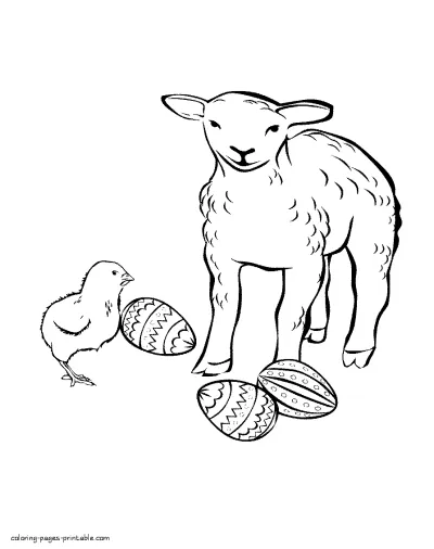Lamb, chicken and eggs coloring page for Easter