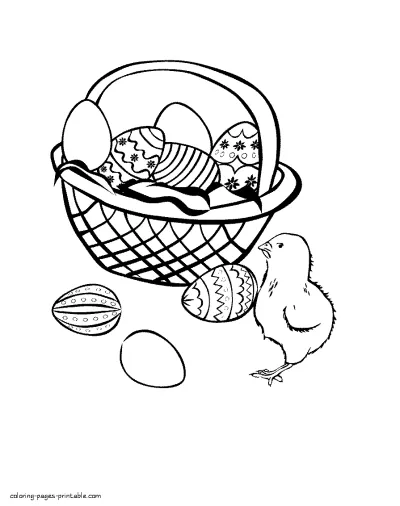 Painted eggs in a basket and chicken. Coloring page