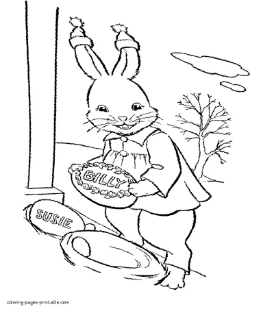 Easter gifts coloring page with a bunny