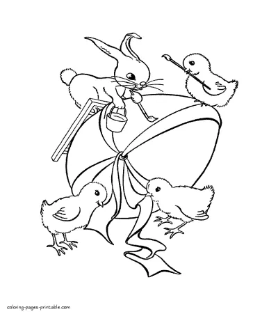 Free coloring pages Easter. Chicks and bunny decorates an egg