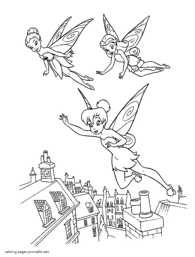 Fairies flying over the town. Free coloring page