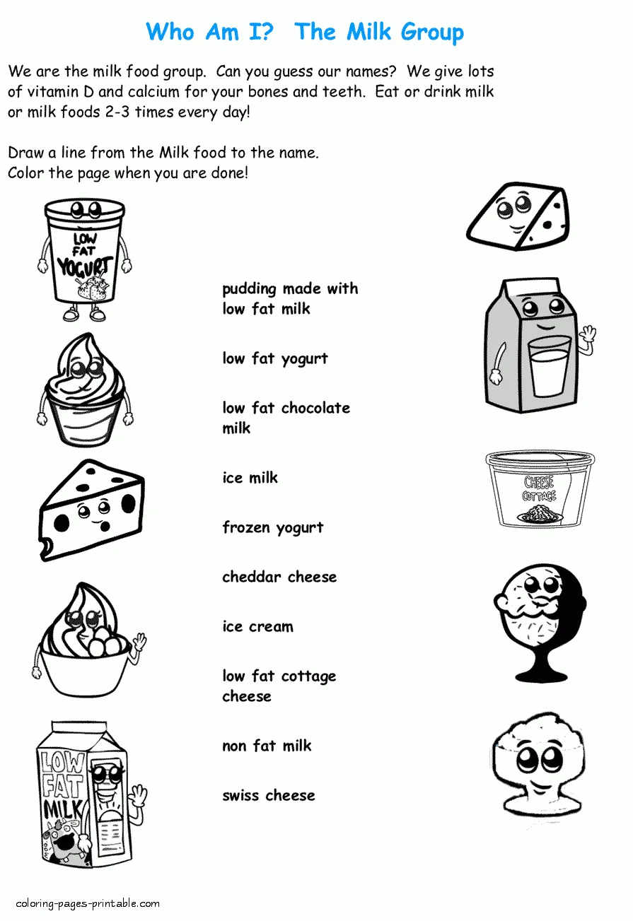 Coloring food pages. Milk group Coloring food pages
