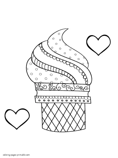 Ice cream and hearts. Printable kid's coloring page