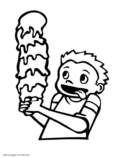 Free coloirng page of the boy with a huge ice cream