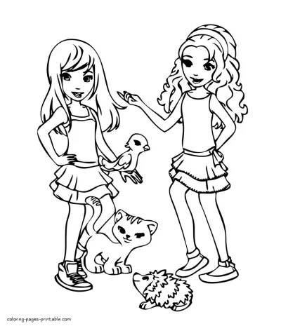 Girls with their pets. Coloring page of Lego Friends
