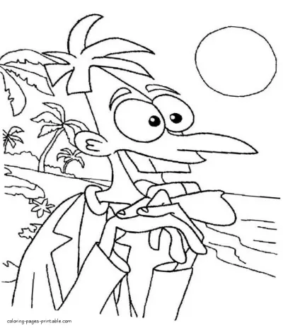 Dr. Doofenshmirtz on a beach. Coloring page from cartoon