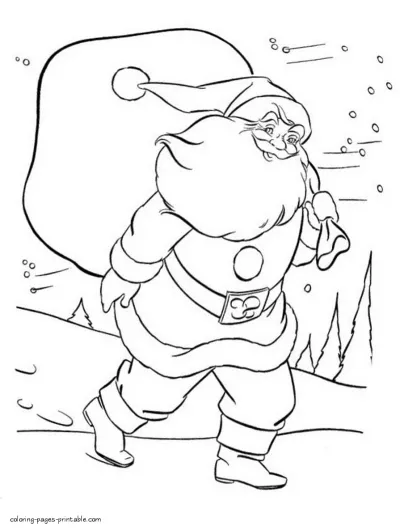 Santa coloring page. Christmas gifts