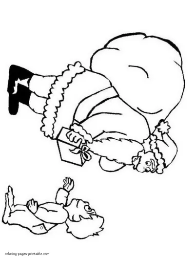 Coloring page. Santa gives Christmas gifts