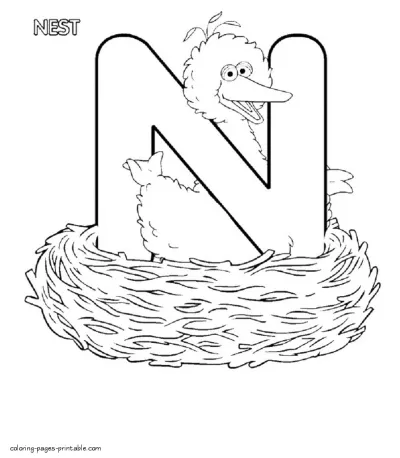 Big Bird in a nest and the letter N. Seasame Street kids coloring pages