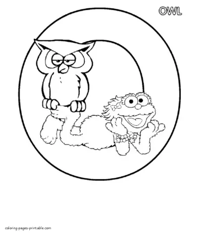 Abby Cadabby with an owl and the letter O printable page for free