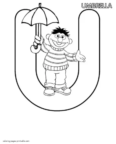 Ernie with umbrella. The letter U coloring sheet for kid