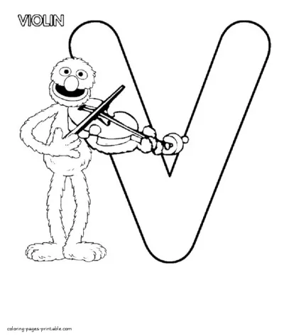 Grover with a violin and the letter V. Coloring book Sesame Street for free