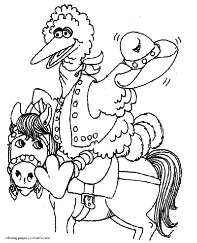 Big Bird riding a horse coloring page for children