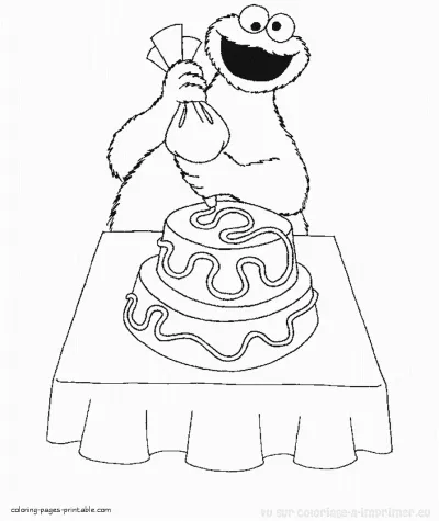 Cookie Monster is decorating a cake. Sesame Street coloring pages