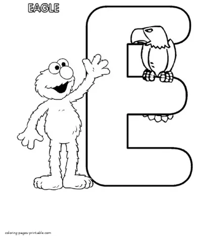 Elmo and an eagle. Free Sesame Street alphabet coloring pages. E letter