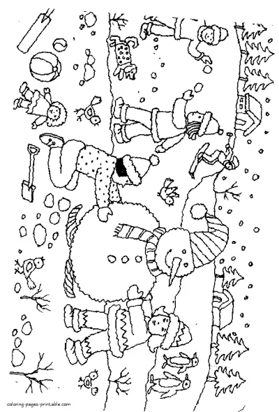 Children makes the snowman. Winter activities coloring pages
