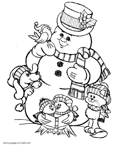 Snowman and the forest animals coloring page