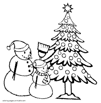 Christmas tree and snowmen. Holiday coloring page