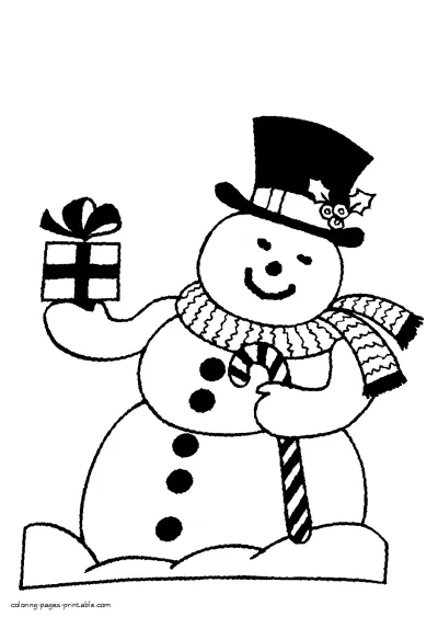 Snowman with a Christmas gift in his hand. Coloring