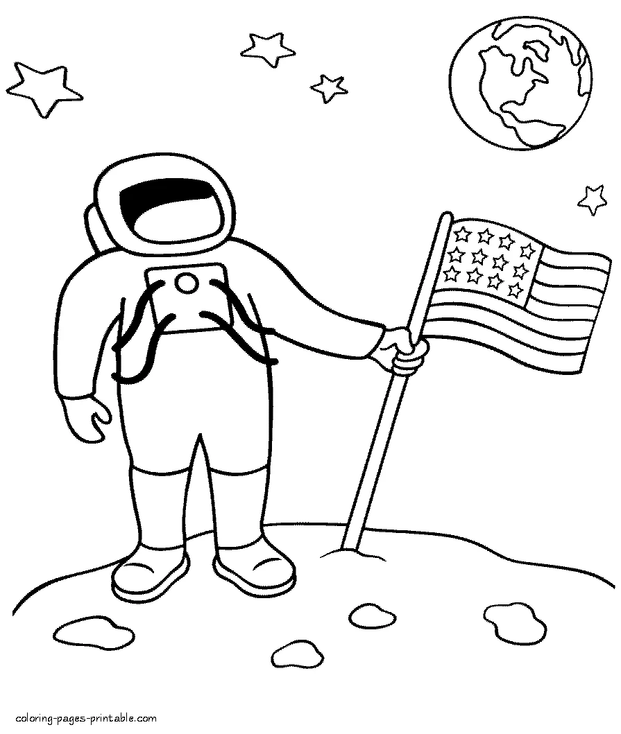 Astronaut on the Moon coloring page Astronaut with American flag on the Moon coloring page