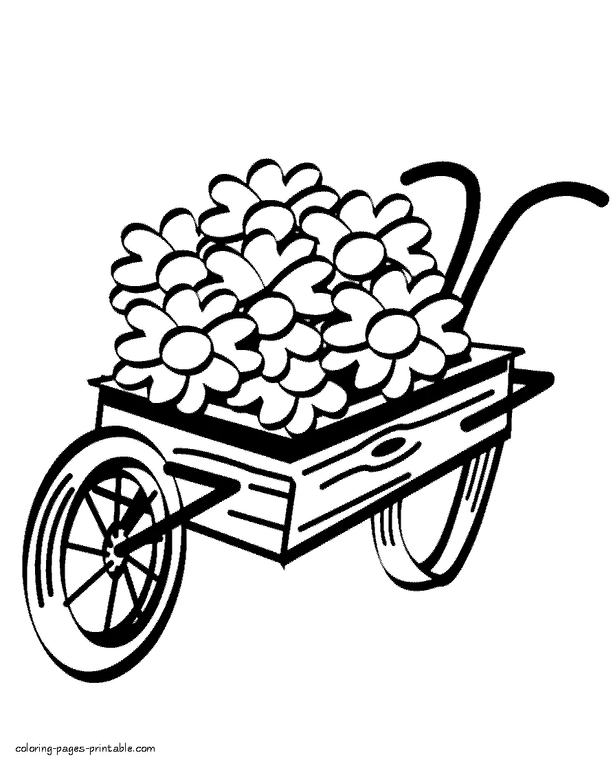 Wheelbarrow and spring flowers Coloring page. Wheelbarrow and spring flowers