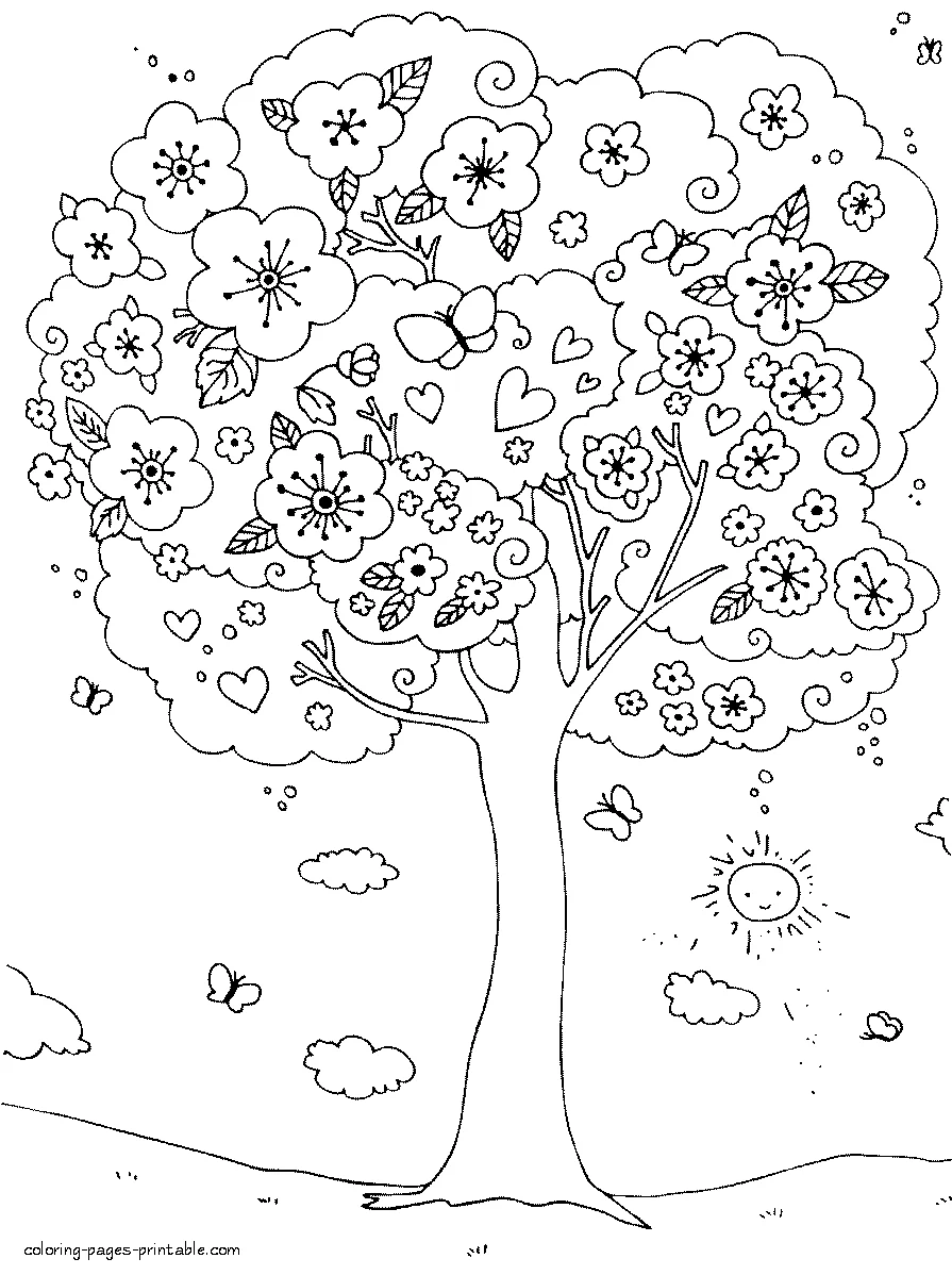 Coloring pages spring. Blossoming tree Coloring pages spring for kids. Blossoming tree