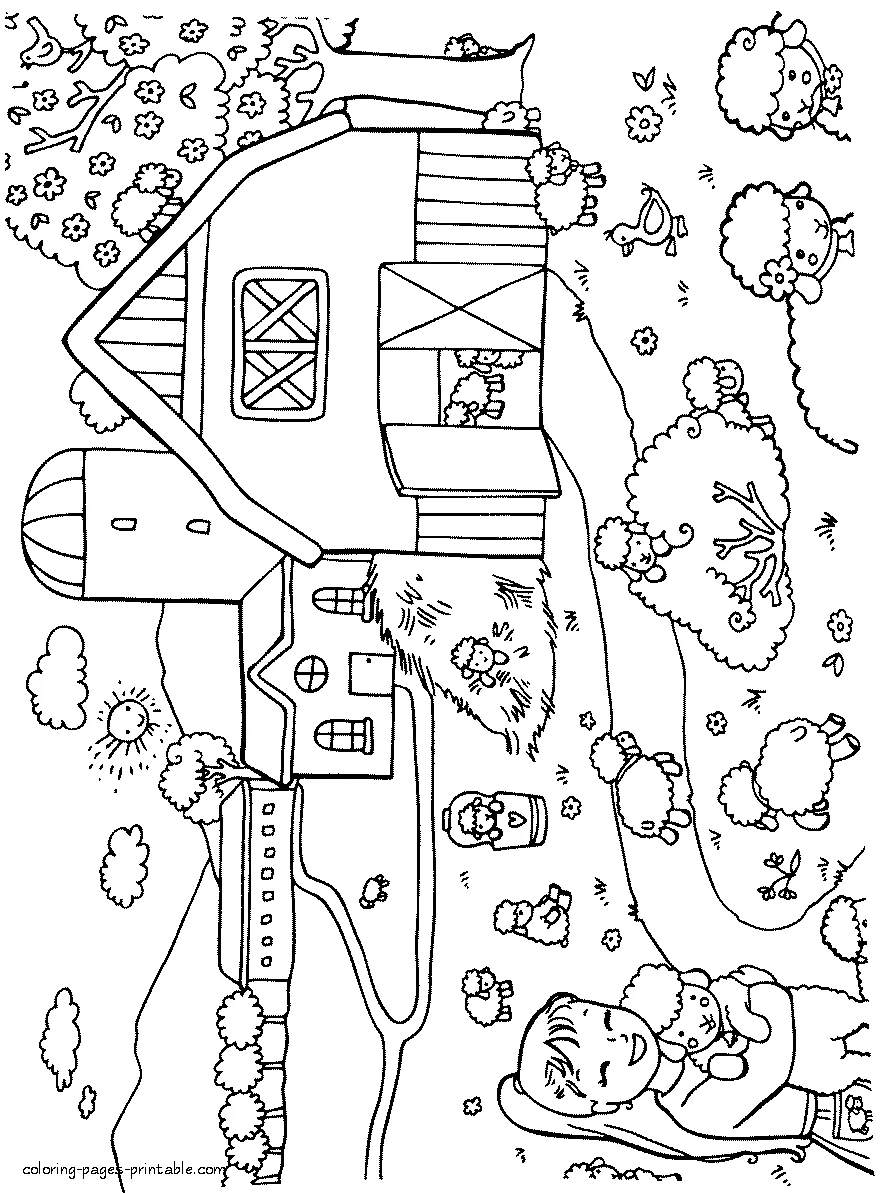 Farm animal coloring page. Lambs in spring Farm yard animal coloring page. Lambs in spring