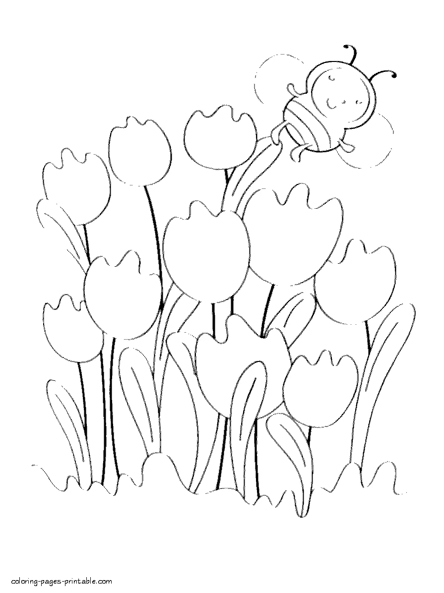 Bee and tulips coloring page Bee and tulips coloring page of spring