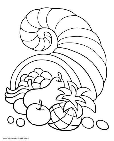 Printable coloring pages Thanksgiving. Cornucopia free images