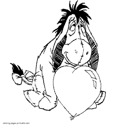 Winnie the Pooh valentine coloring pages. Donkey with the heart shaped balloon