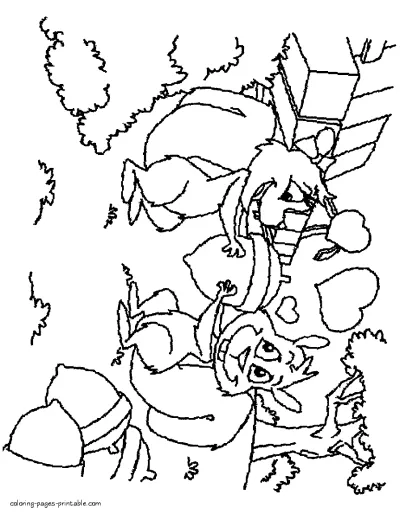 Squirrel with nuts coloring Valentine page for kids