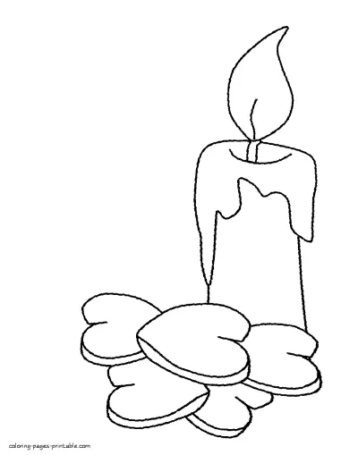 Candle and hearts coloring for Valentine's Day. Download free