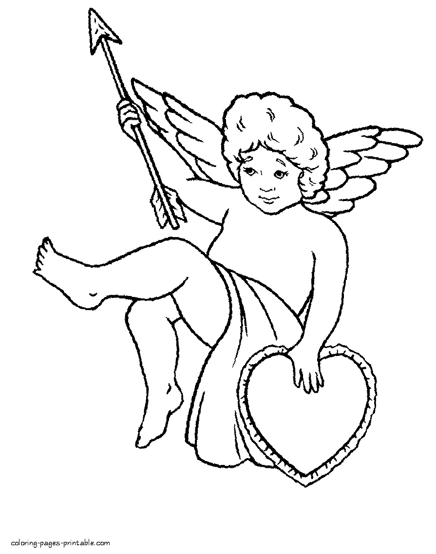 Valentine coloring book. Cupid with an arrow and a heart Valentine coloring book for free. Cupid with an arrow and a heart