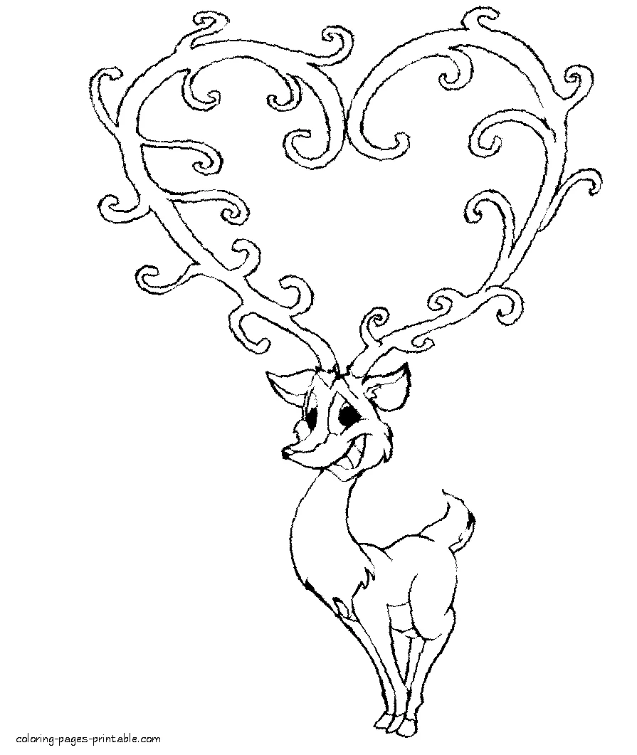 Reindeer with heart shaped horns coloring page. Valentine's Day Reindeer coloring page. Valentine's Day