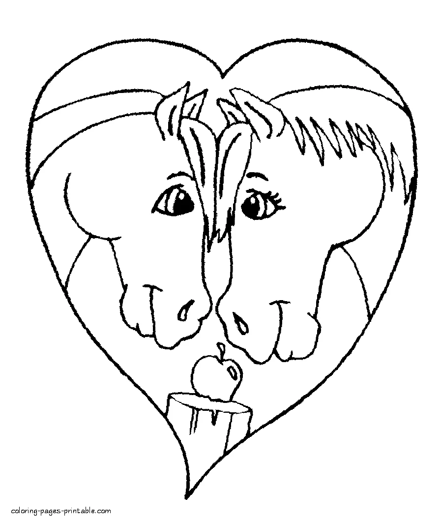Horses Valentine coloring page Horses Valentine coloring page to print at paper