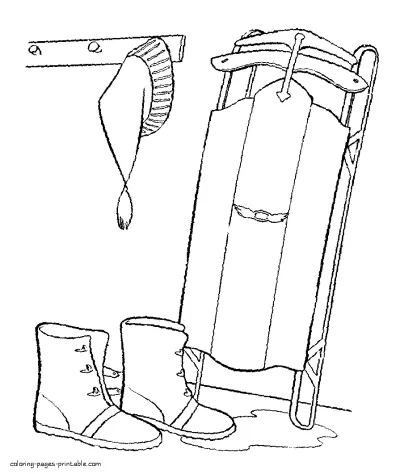 Free winter coloring pages. Sled and clothes