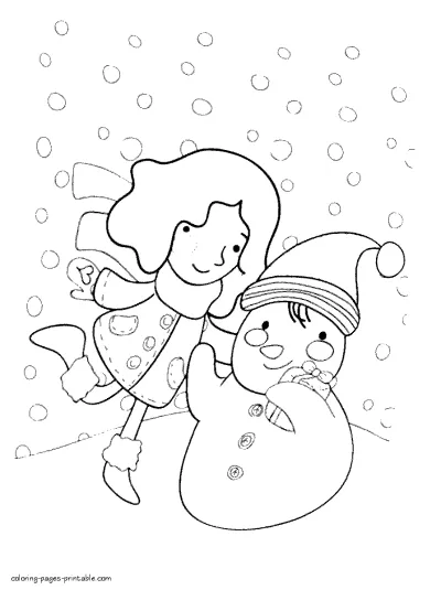 Girl and snowman. Winter coloring page for child
