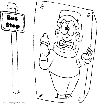 Winter weather coloring sheets for a kid. Bus stop
