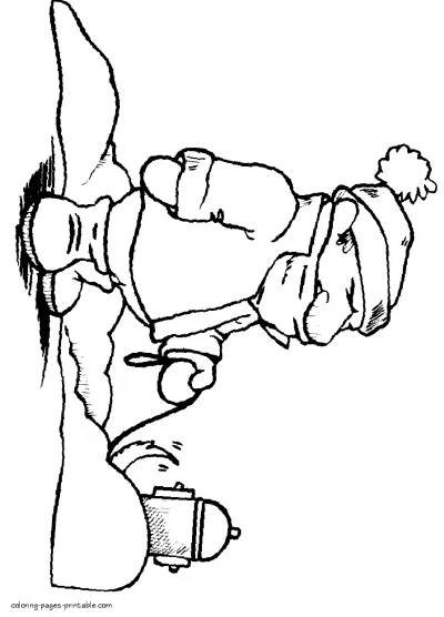 Winter walk with a dog. Coloring page