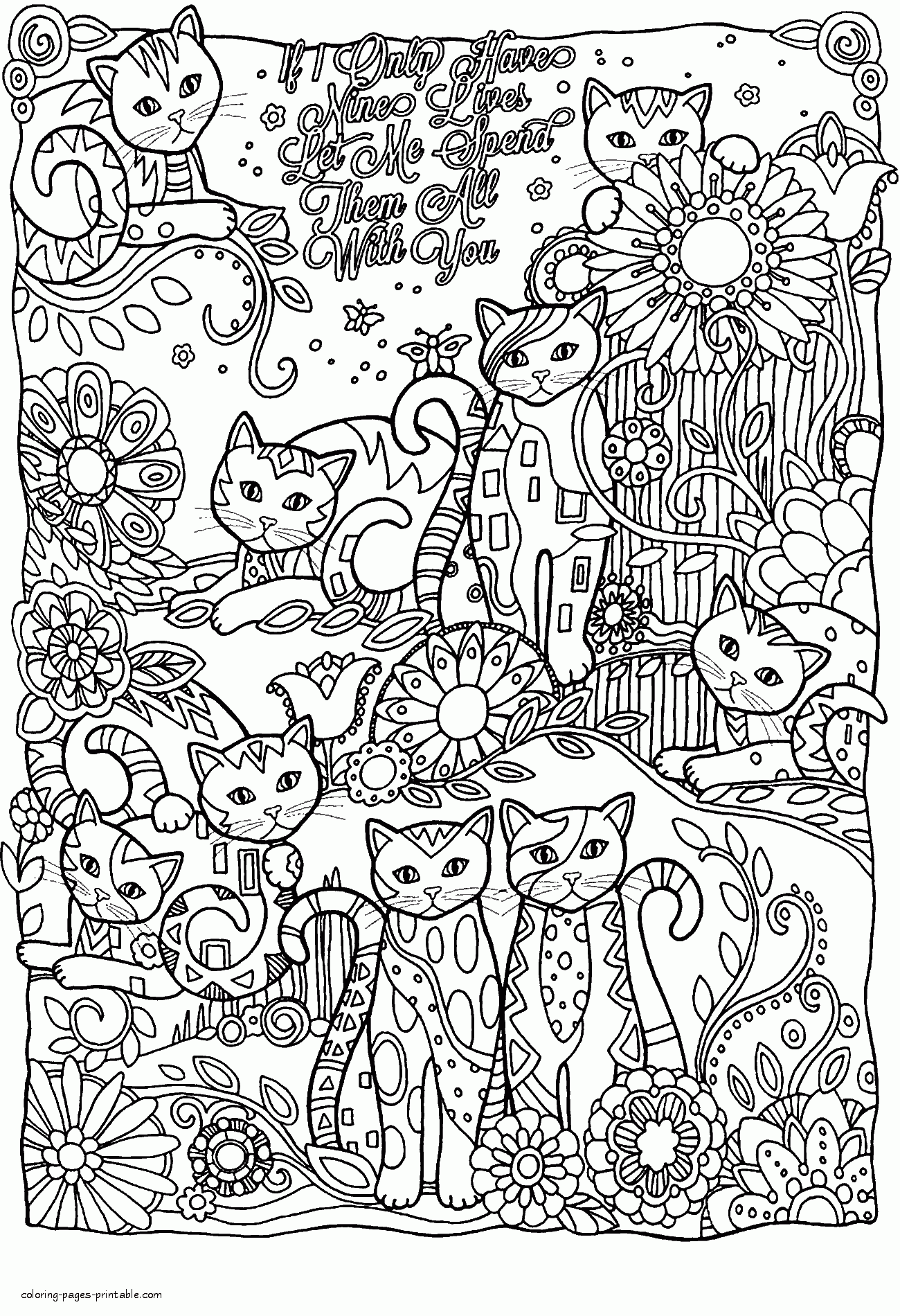 Nine Cats Coloring Page For Adults    COLORING PAGES PRINTABLE.COM