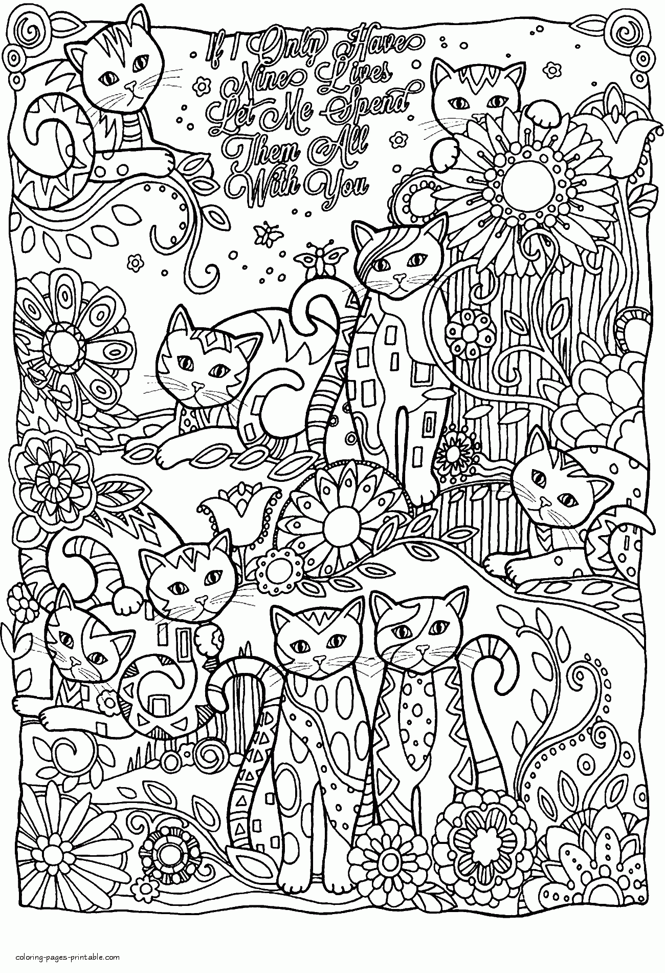 Nine Cats Coloring Page For Adults To Print