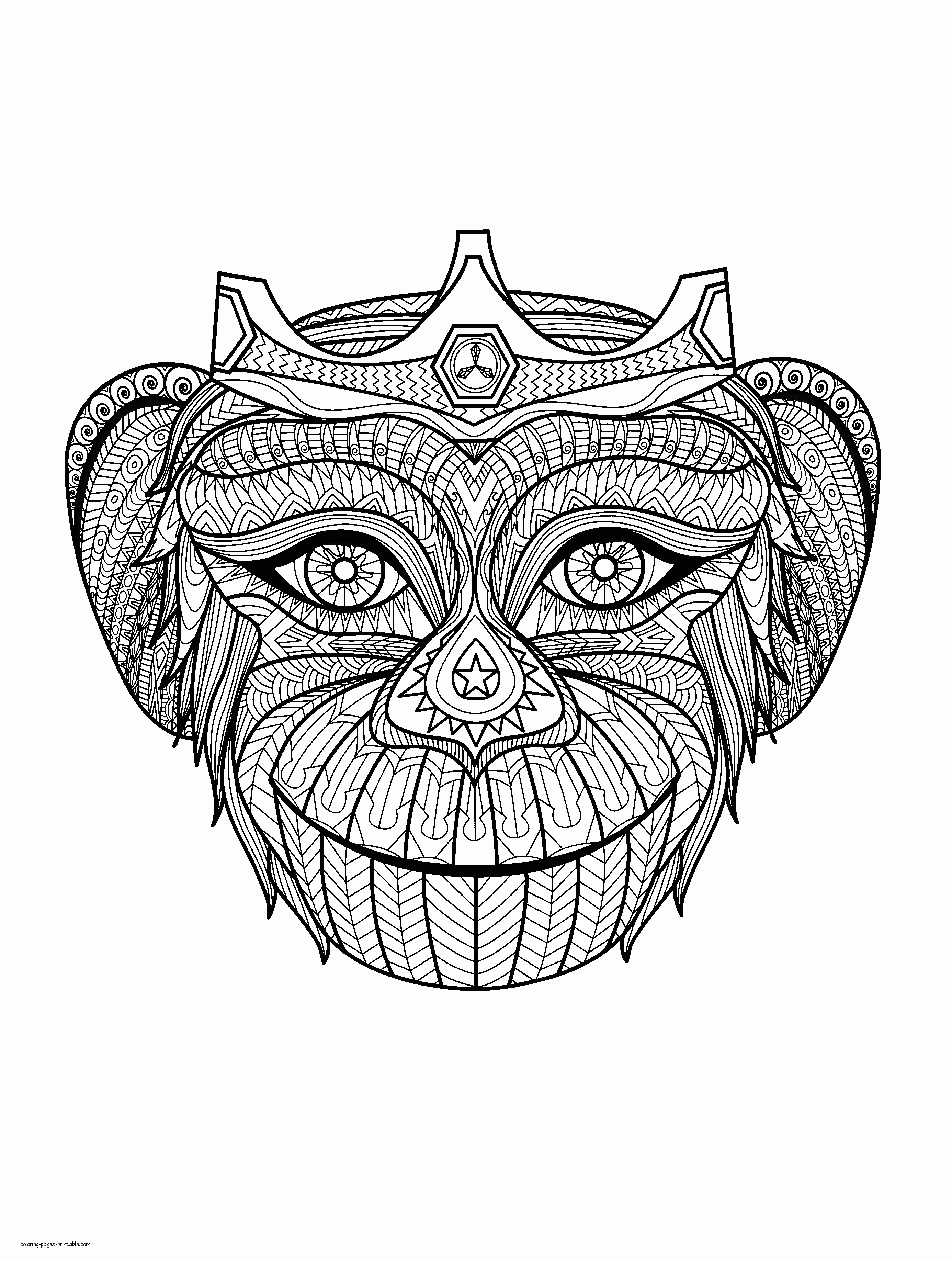 Monkey Face Coloring Page For Adults. Wild Animals