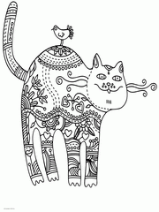 Free Animal Coloring Pages For Adults. Cat And Bird